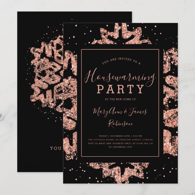 Housewarmingfest | Vinter Glitter Rosa Guld Inbjudningar (Fram/baksida)
