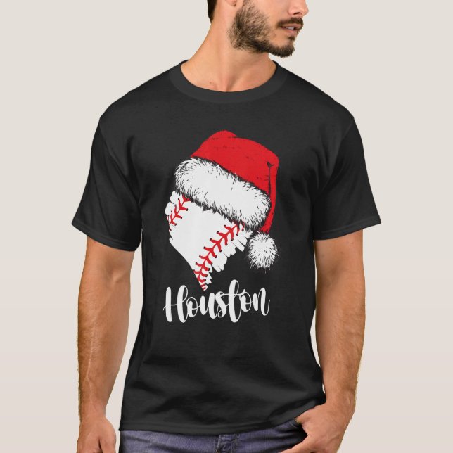 Houston Baseball Heart Santa Hat God jul T Shirt (Framsida)