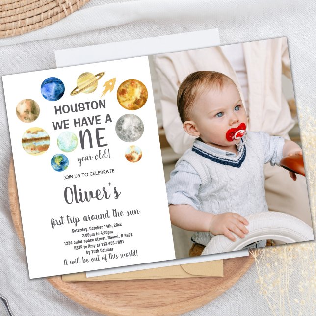 Houston Rymden födelsedagsinbjudan med foto Inbjudningar (Houston Outer Space Birthday Invitations w photo)