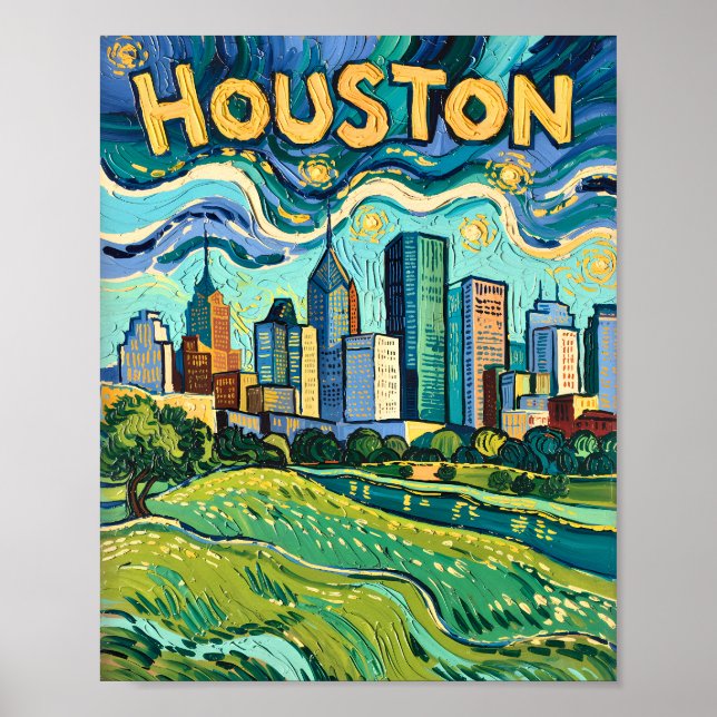 Houston Skyline Färgglad Van Gogh Stadsmiljö Poster (Framsidan)