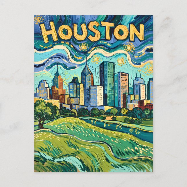 Houston Skyline Färgglad Van Gogh Stadsscen Vykort (Framsida)