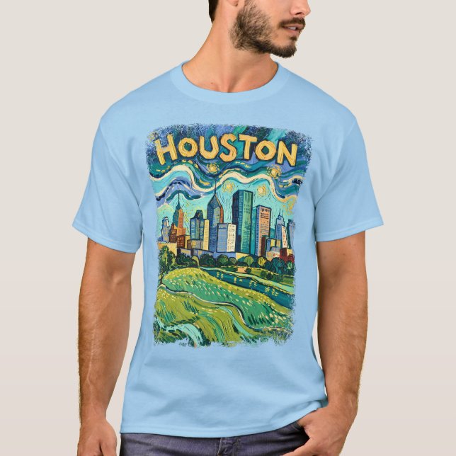 Houston Skyline Färgglatt Van Gogh Stadsmiljö T Shirt (Framsida)