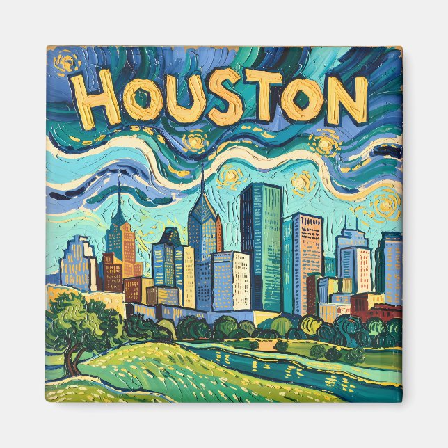 Houston Skyline Färgglatt Van Gogh Stadsscen Magnet (Framsidan)