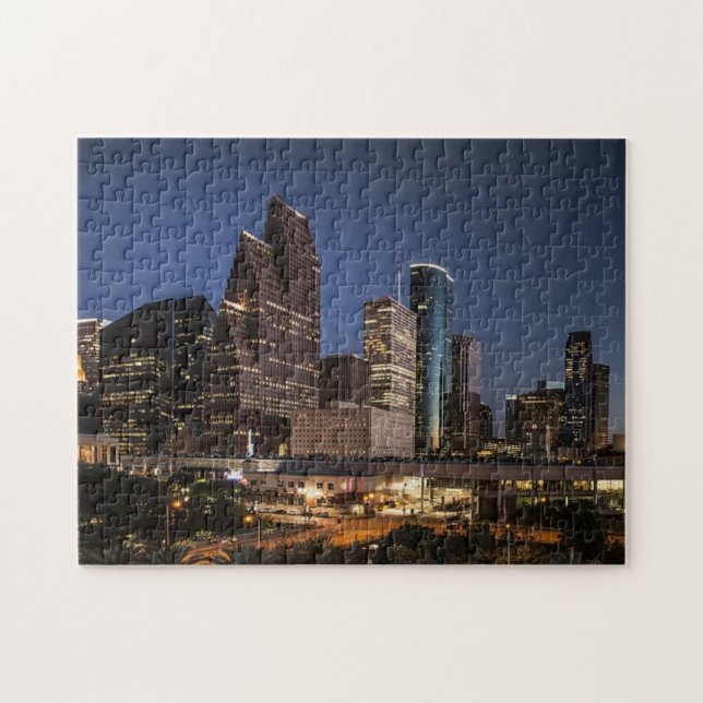 Houston Skyline | Foto för nattljus och City Life Pussel (Horisontell)