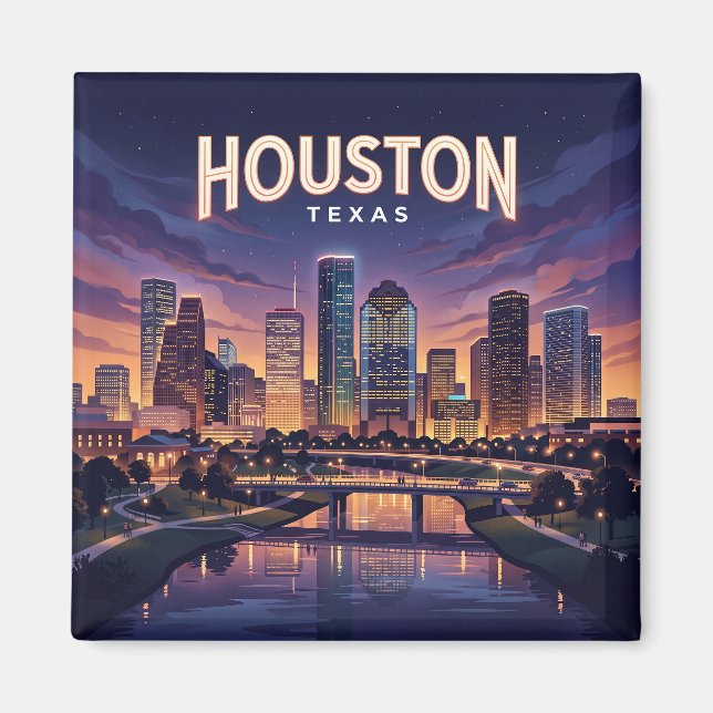 Houston Skyline på natten Texas Magnet (Framsidan)