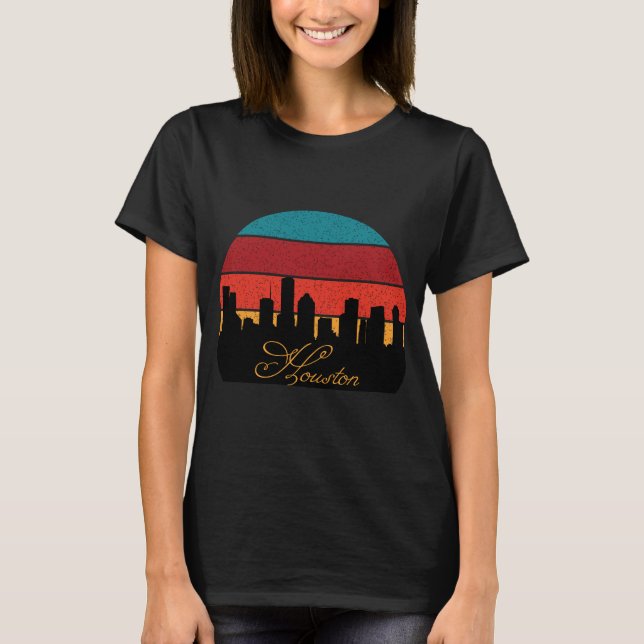 Houston Skyline Retro Solnedgång Resa T Shirt (Framsida)