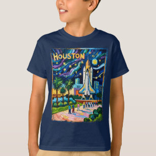 Houston Skyline Space Center Rocket Van Gogh Barn T Shirt