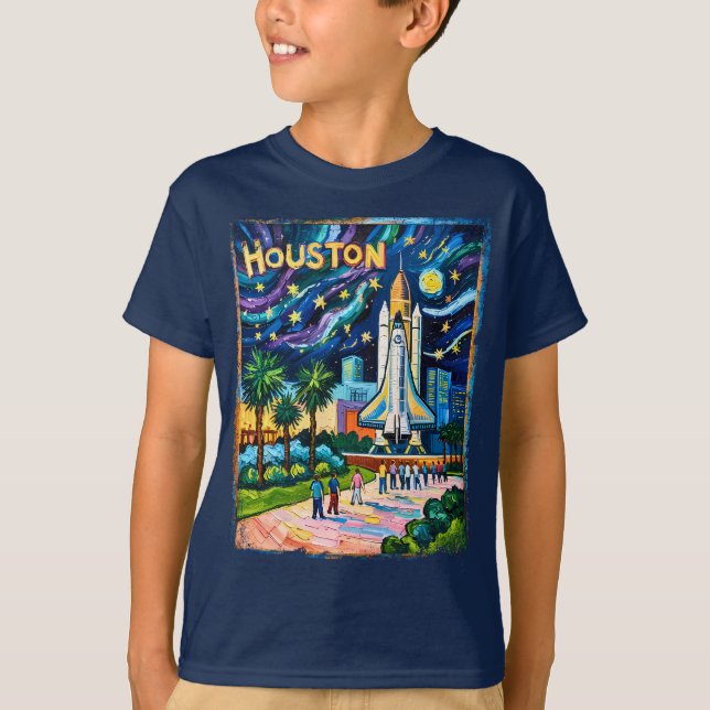 Houston Skyline Space Center Rocket Van Gogh Barn T Shirt (Framsida)