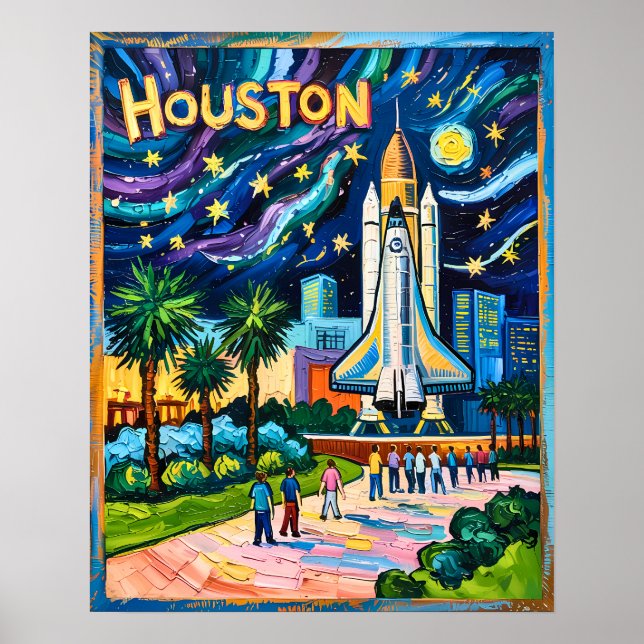 Houston Skyline Space Center Rocket Van Gogh Kids Poster (Framsidan)