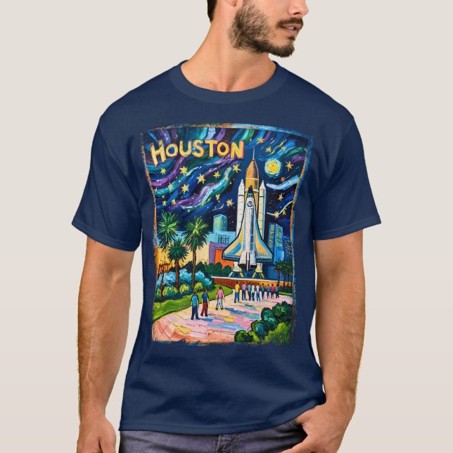 Houston Skyline Space Center Rocket Van Gogh Kids T Shirt (Framsida)