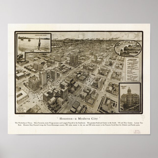 Houston Texas 1912 Antique Panoramic Karta Poster (Framsidan)