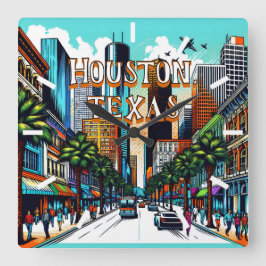 Houston, Texas Downtown City View Abstrakt Art Fyrkantig Klocka