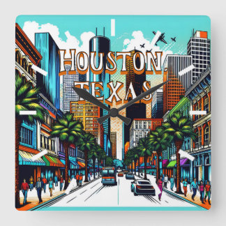 Houston, Texas Downtown City View Abstrakt Art Fyrkantig Klocka