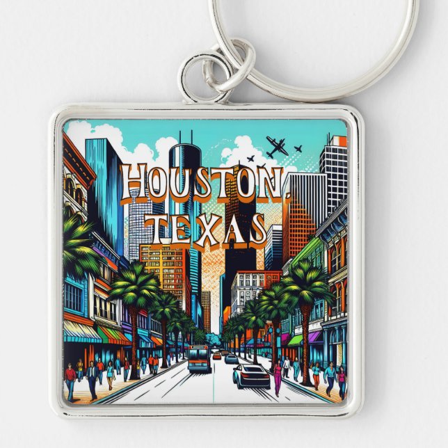 Houston, Texas Downtown City View Abstrakt Art Fyrkantig Silverfärgad Nyckelring (Framsidan)