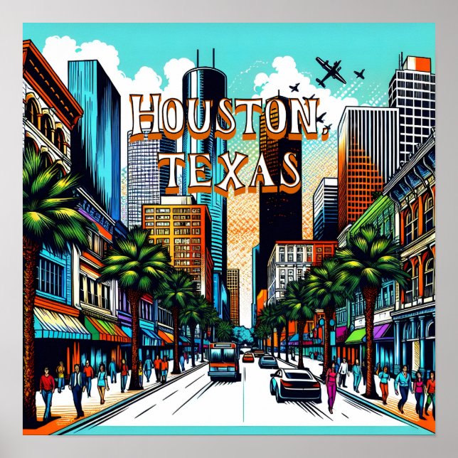 Houston, Texas Downtown City View Abstrakt Art Poster (Framsidan)
