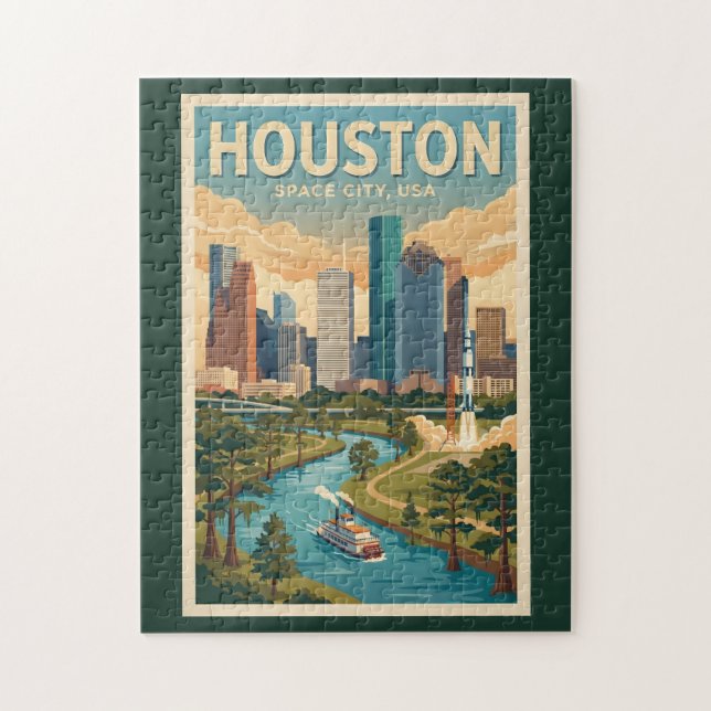 Houston Texas Illustration Resa Konst Vintage Pussel (Vertikal)