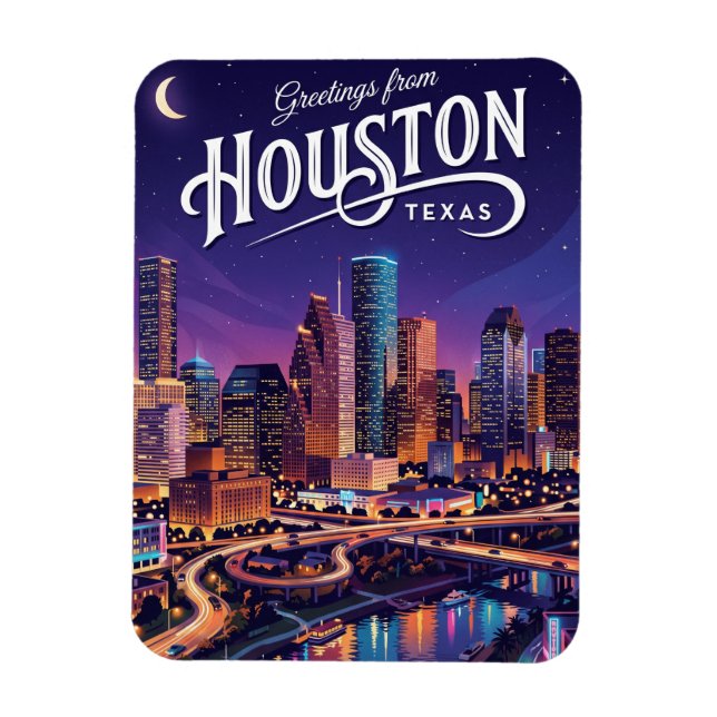 Houston Texas Nattlig Stadssiluett Texas Magnet (Vertikal)