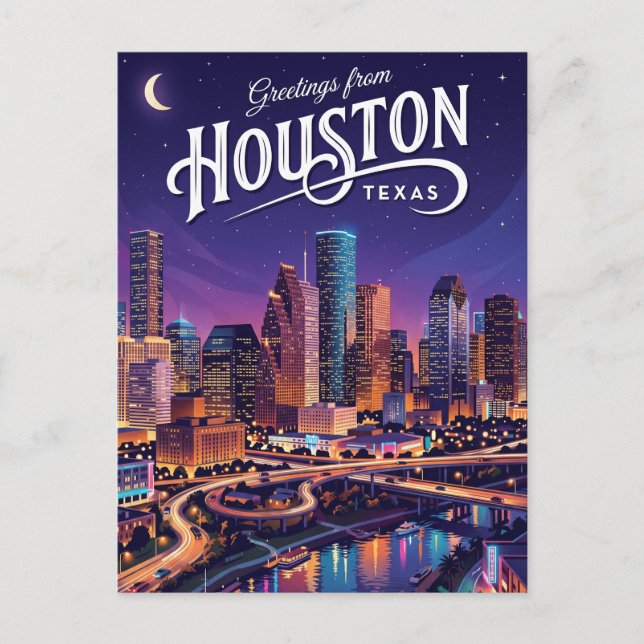 Houston Texas Nattlig Stadssiluett Texas Vykort (Framsida)