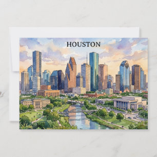 Houston Texas Retro Vattenfärg Konstverk Inbjudningar