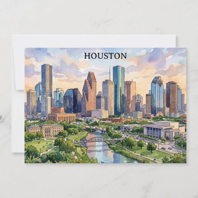 Houston Texas Retro Vattenfärg Konstverk Inbjudningar (Framsida)