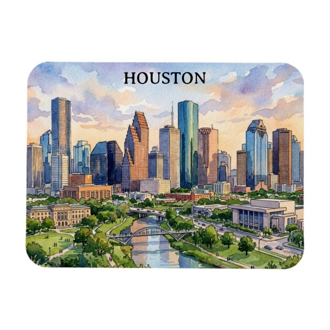 Houston Texas Retro Vattenfärg Konstverk Magnet (Horisontell)
