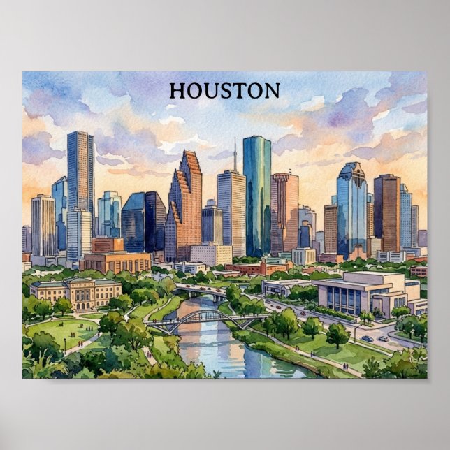 Houston Texas Retro Vattenfärg Konstverk Poster (Framsidan)