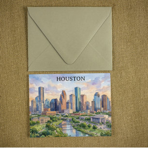Houston Texas Retro Vattenfärg Konstverk Vykort