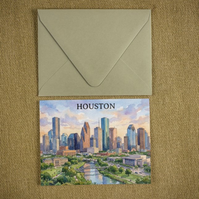 Houston Texas Retro Vattenfärg Konstverk Vykort (Houston Texas Retro Watercolor Artwork Postcard)