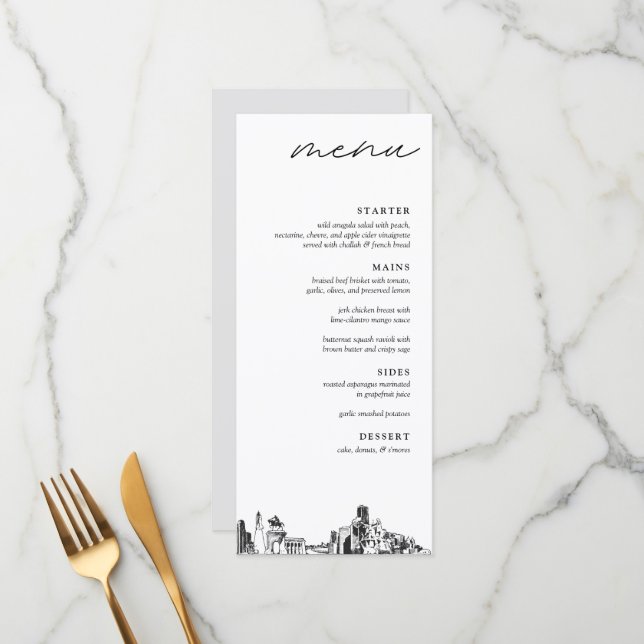 Houston Texas Skyline Modern Bröllop Dinner Menu Meny (Fram/Back In Situ)