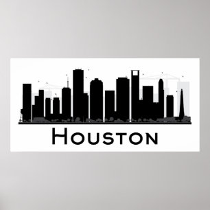 Houston, Texas svart & vitstadshorisont Poster