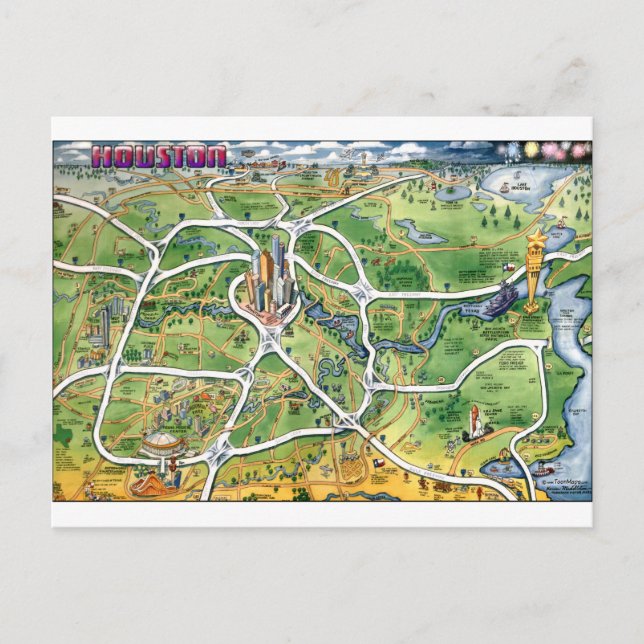 Houston Texas Tecknad Karta Vykort (Framsida)