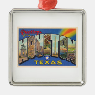 Houston Texas TX-Vintage Stora Brev-vykort Julgransprydnad Metall