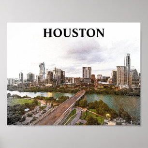Houston Texas Vintage resor City Watercolor Poster