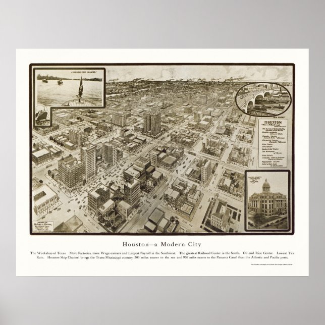 Houston, TX Panoramic Karta - 1912 Poster (Framsidan)