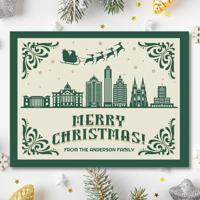 Houston, TX Skyline jul-vykort för Helgdag Helg Vykort (Houston, TX skyline christmas card green modern merry christmas postcard with custom details)