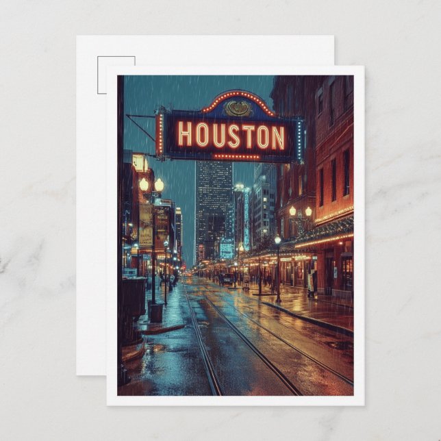 Houston USA Art Vintage Illustration Travel Vykort (Fram/baksida)