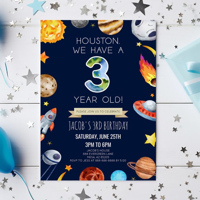 Houston vi har 3 år gammal 3:e födelsedag Party Inbjudningar (Skapare uppladdad)