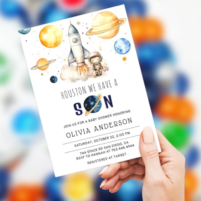 Houston vi har en babystövel för Son Astronaut. Inbjudningar (Skapare uppladdad)