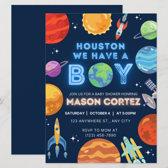 Houston vi har en Boy Rymden-inbjudan Baby (Fram/baksida)