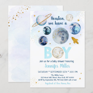 Houston vi har en pojk Blue Guld Galaxy Baby Showe Inbjudningar