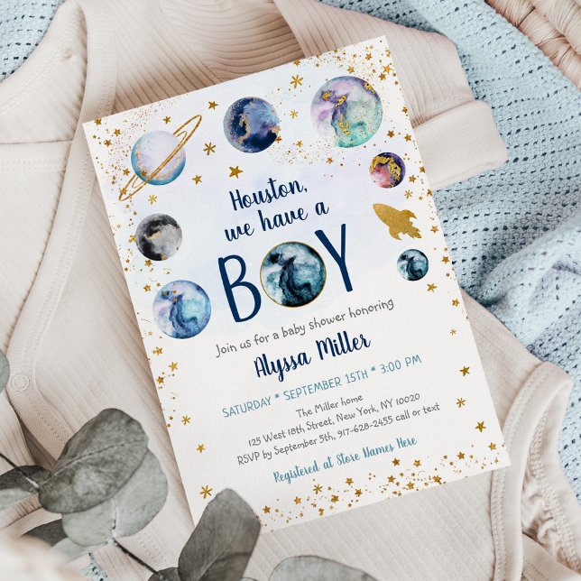 Houston vi har en pojk Blue Guld Space Baby Shower Inbjudningar (Skapare uppladdad)
