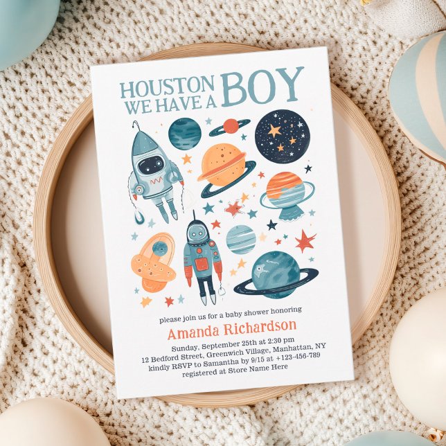 Houston Vi Har En Pojke Rymdbarnkalas Inbjudningar (Houston We have a boy baby shower invitation)