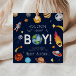 Houston vi har en pojkvän-rymd-galaxy-babyskor gåvor etiketter