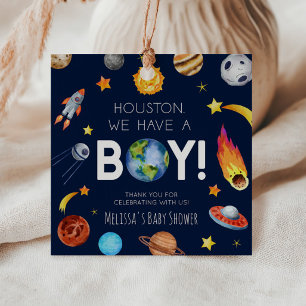 Houston vi har en pojkvän-rymd-galaxy-babyskor gåvor etiketter