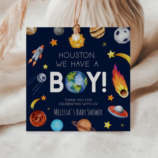 Houston vi har en pojkvän-rymd-galaxy-babyskor gåvor etiketter (Skapare uppladdad)