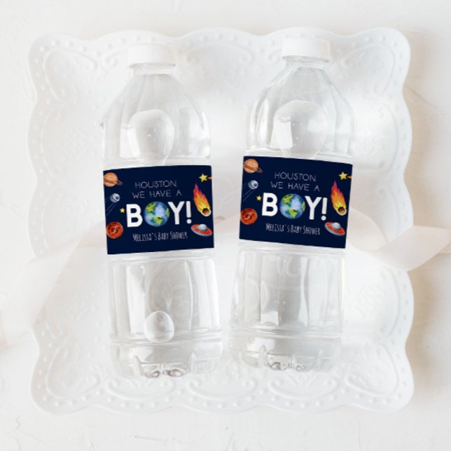 Houston vi har en pojkvän-rymd-galaxy-babyskor vattenflaskor etikett (Skapare uppladdad)