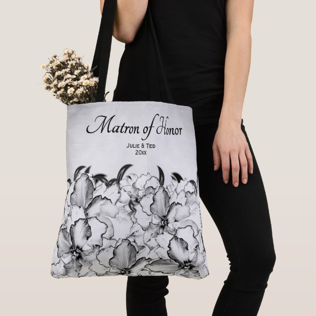 Hovdam Charcoal Floral med Brud Brudgum Datum Tygkasse (Närbild)
