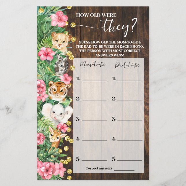 How old were They Pink Safari Shower Game Card Flygblad (Framsidan)