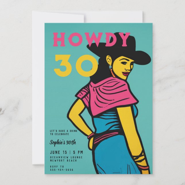 Howdy 30 Land Westerna Tecknadens Rosa 30års födel Inbjudningar (Framsida)