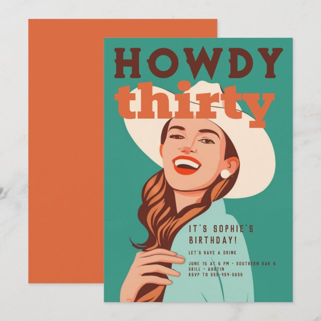 Howdy 30 Western Retro Orange Teal 30års födelseda Inbjudningar (Fram/baksida)